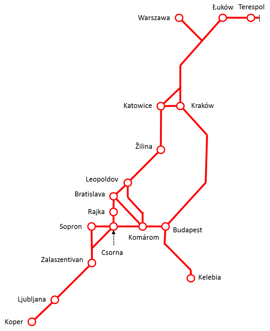 Mapa projektowanego Kolejowego Korytarza Towarowego nr 11. Fot. Ministerstwo Infrastruktury i Budownictwa 