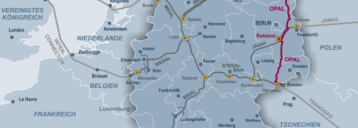 Gazociągi przesyłowe w Niemczech z zaznaczeniem OPAL. Grafika: Gascade