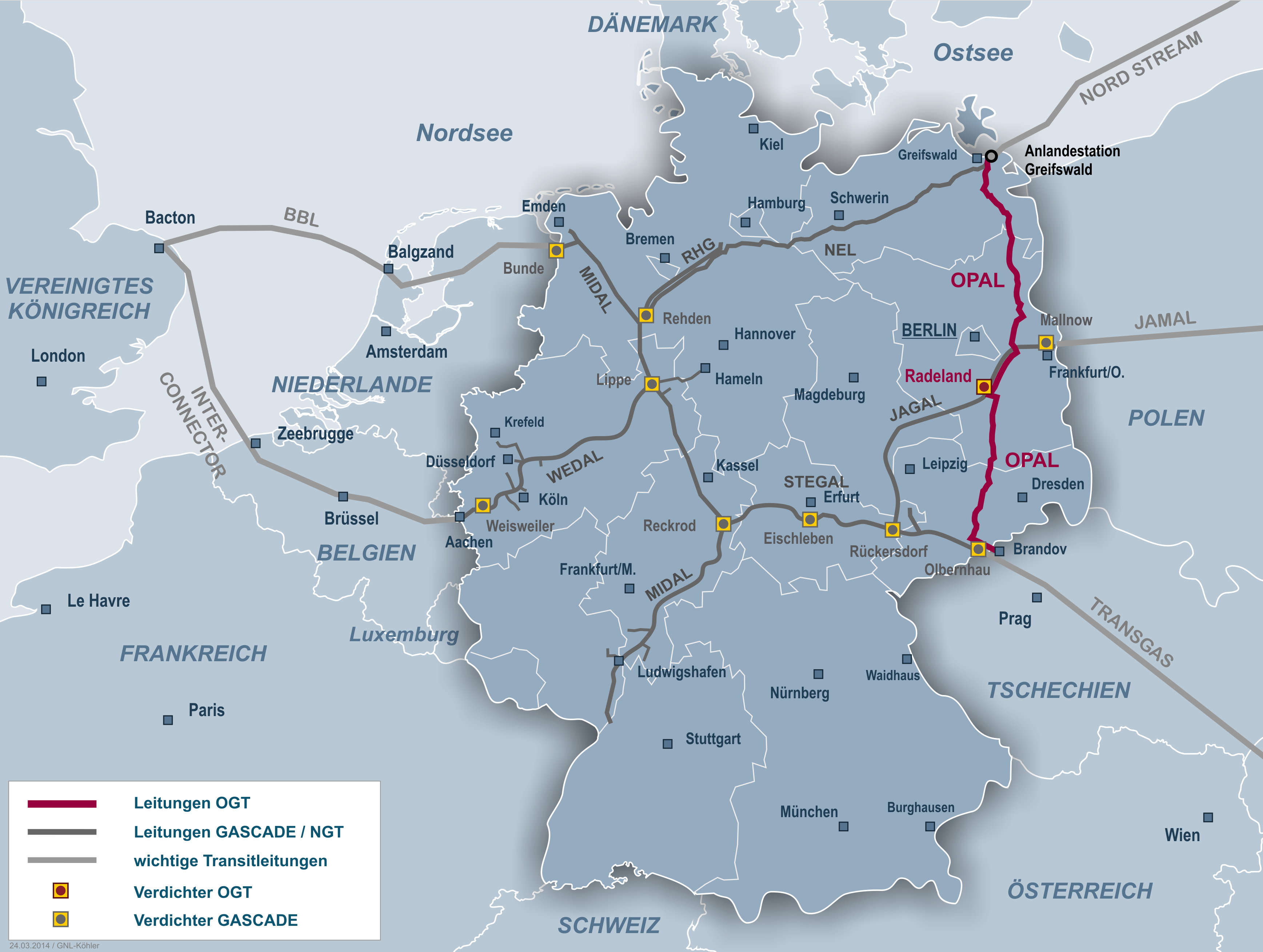 Gazociągi przesyłowe w Niemczech z zaznaczeniem OPAL. Grafika: Gascade