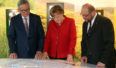Przewodniczący Komisji Europejskiej Jean Claude-Juncker, kanclerz Angela Merkel (chadecy) i Martin Schultz (socjaliści). Fot. Flickr