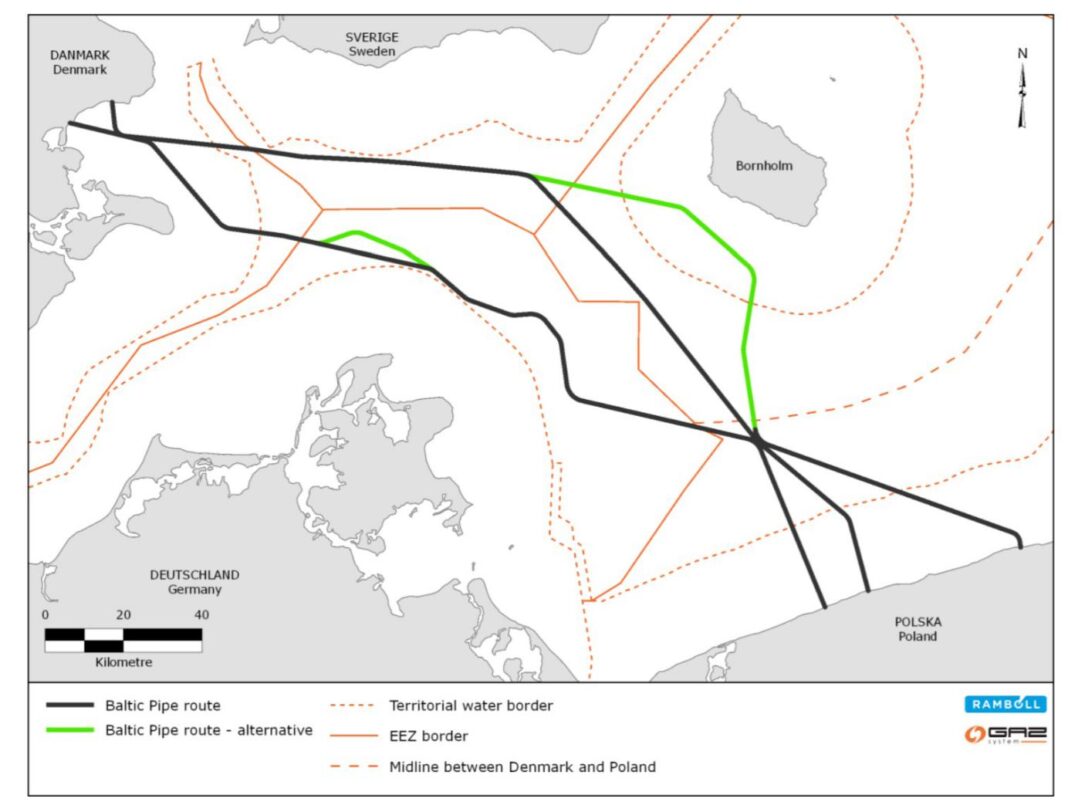 Proponowane trasy przebiegu Baltic Pipe. Źródło: Gaz-System, Ramboll