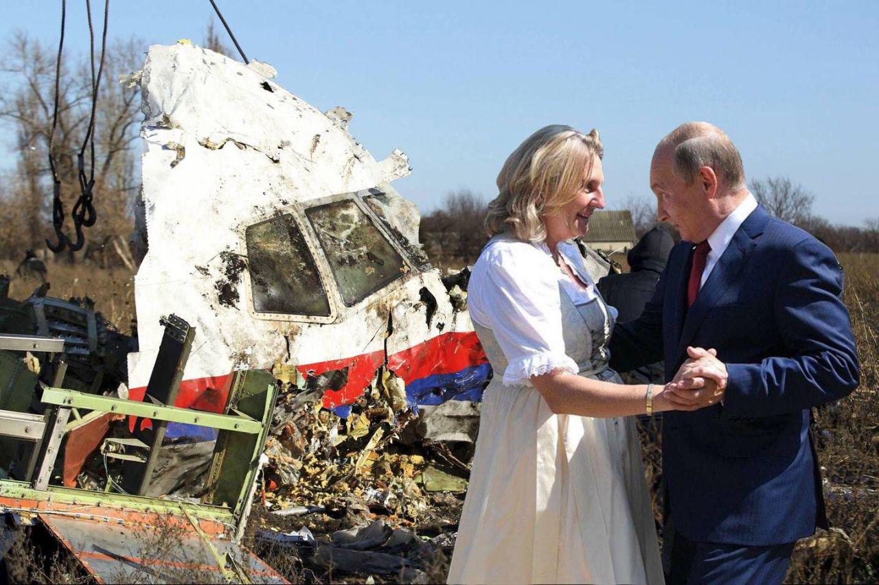 Taniec Putina z minister spraw zagranicznych Austrii na jej weselu z wrakiem samolotu zestrzelonego przez rosyjskich bojowników na Ukrainie. Fotomontaż z sieci