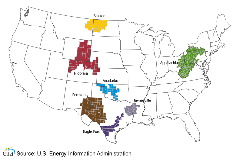 Zagłębia wydobycia ropy w USA. Grafika: EIA