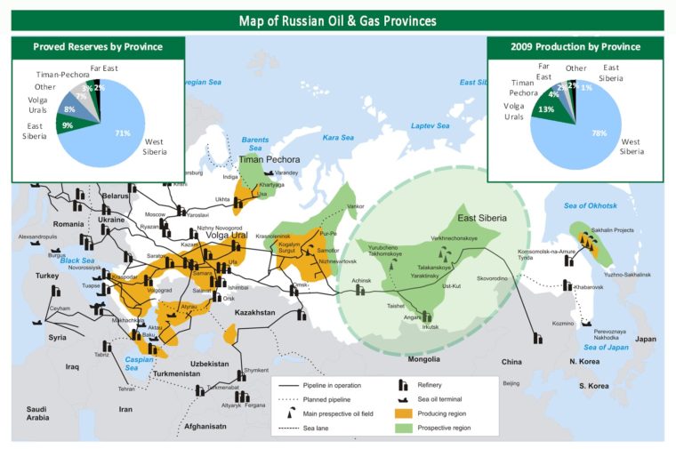 Pola główne rejony wydobywcze ropy i gazu w Rosji fot. Irkutsk Oil Company