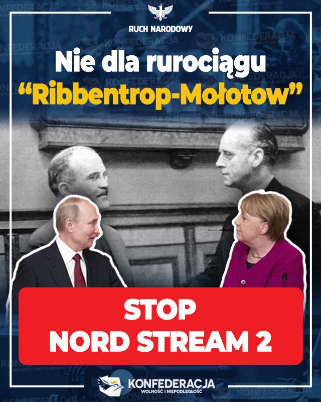 „Nie dla rurociągu Ribbentrop-Mołotow”. Protest Ruchu Narodowego przeciwko Nord Stream 2. Grafika: Ruch Narodowy