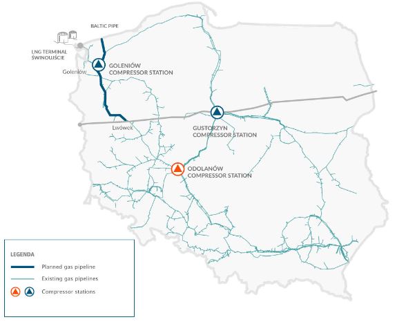 Tłocznia Odolanów na mapie gazociągów Polski. Grafika: Gaz-System