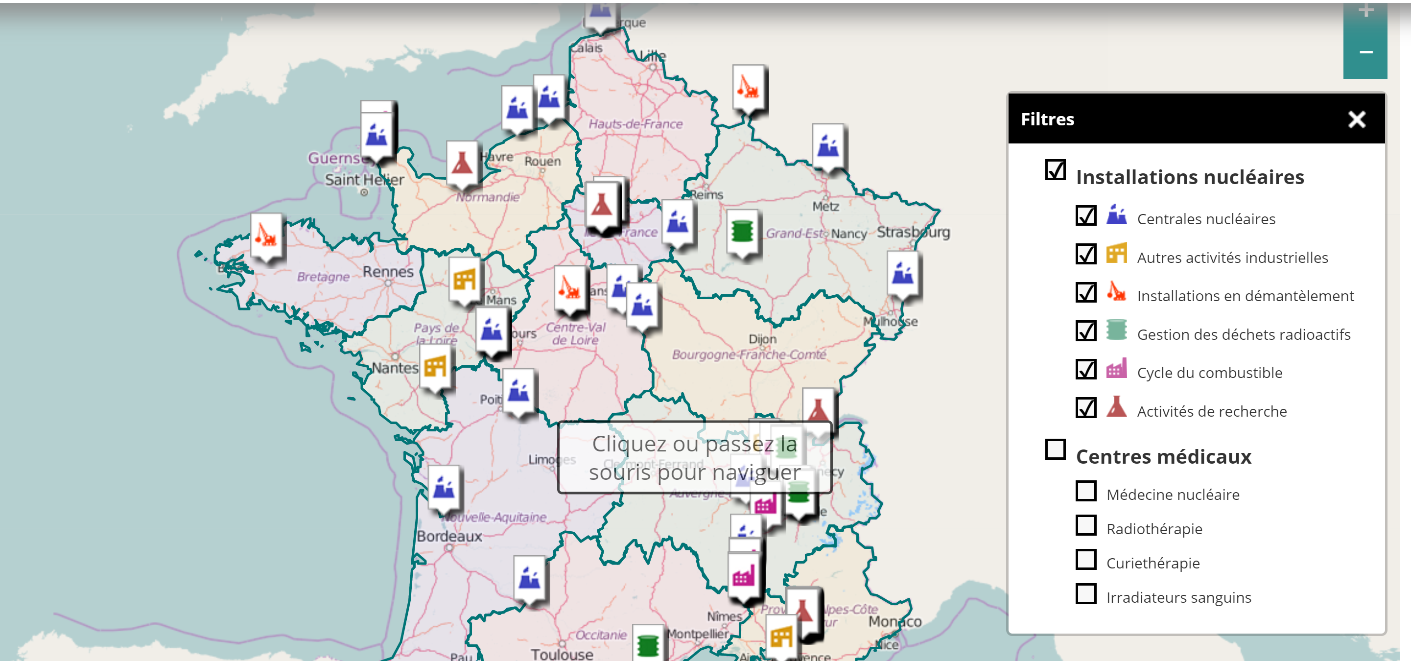 Mapa reaktorów jądrowych we Francji. Fot.: ASN