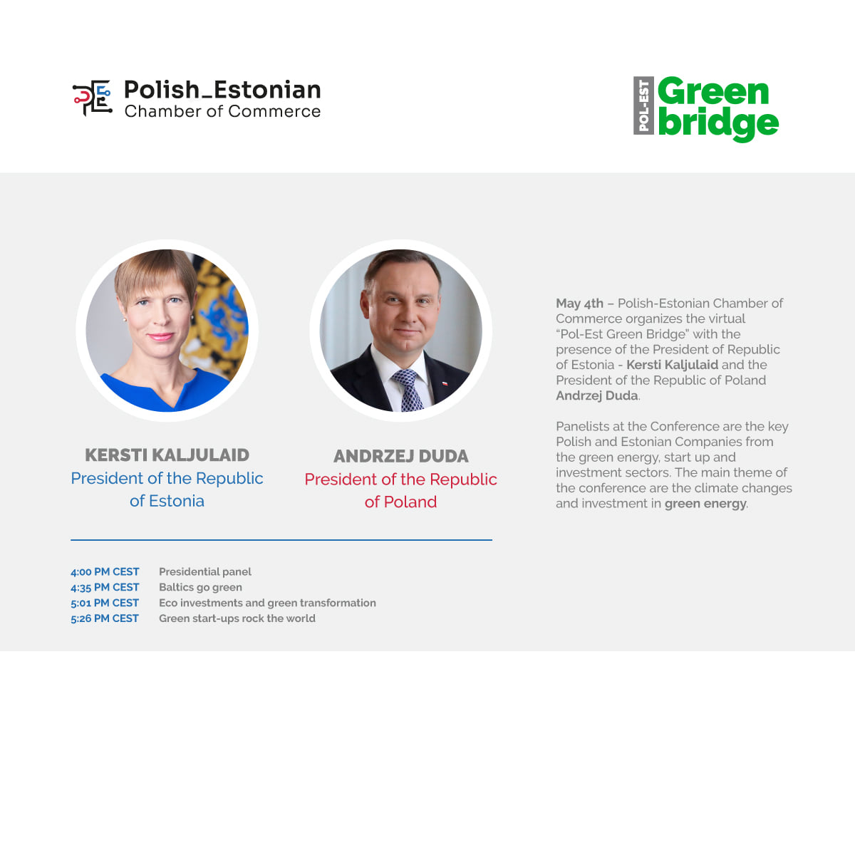 Zapowiedź konferencji Green Bridge z udziałem prezydentów Estonii i Polski. Fot. Polsko-Estońska Izba Handlu