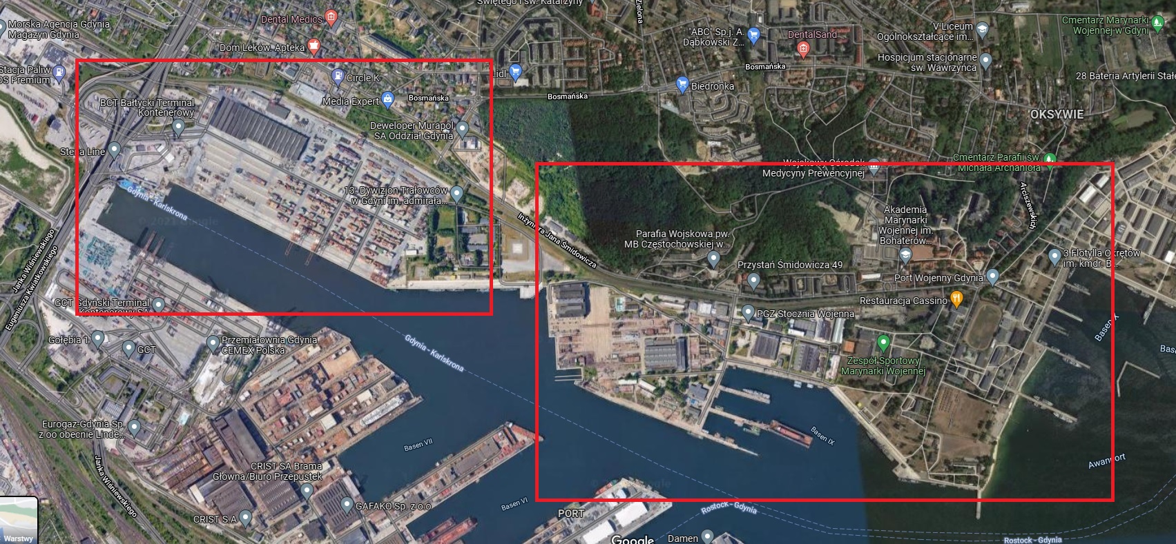 Bałtycki Terminal Kontenerowy w sąsiedztwie Stoczni Marynarki Wojennej RP. Fot. Google Maps