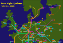 Rysunek poglądowy wizji sieci europejskich pociągów nocnych „Euro Night Sprinter” w 2030 roku według pomysłu Partii Zielonych w Niemczech. Źródło: bahnstrategie.matthias-gastel.de/files/nachtzug.pdf.