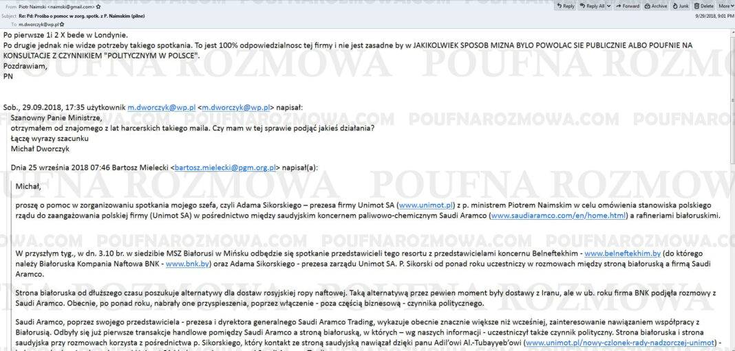 Mail ministra Dworczyka do Piotra Naimskiego. Fot. Poufna Rozmowa.