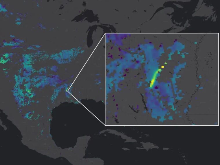 Zdjęcie satelitarne pokazuje smugę metanu nad Stanami Zjednoczonymi, 25 września 2019 roku. Źródło: Kayrros Inc., Esri, HERE, Garmin, FAO, NOAA, USGS, OpenStreetMap contributors i GIS User Community 