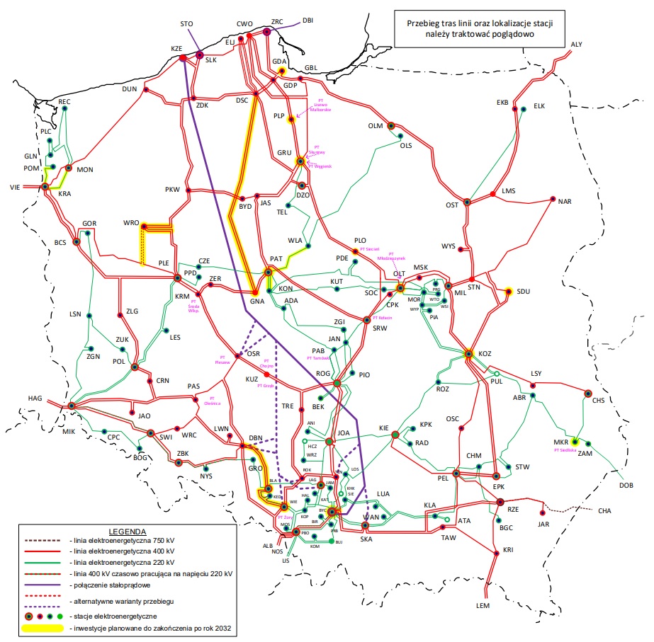 Krajowy plan rozwoju sieci przesyłowej do 2032 roku. Grafika: Polskie Sieci Elektroenergetyczne.