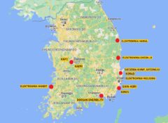 Najważniejsze punkty infrastruktury jądrowej Korei Południowej. Źródło: Google. Grafika: Jędrzej Stachura