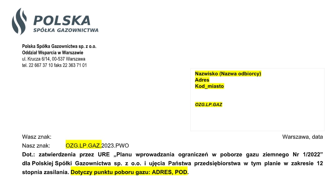 Wzór listu PSG o stopniach zasilania. Fot. Polska Spółka Gazownictwa.