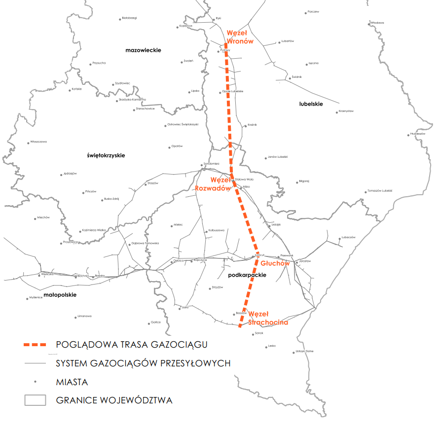 Trasa gazociągu Wronów-Rozwadów-Strachocina. Źródło: Gaz-System