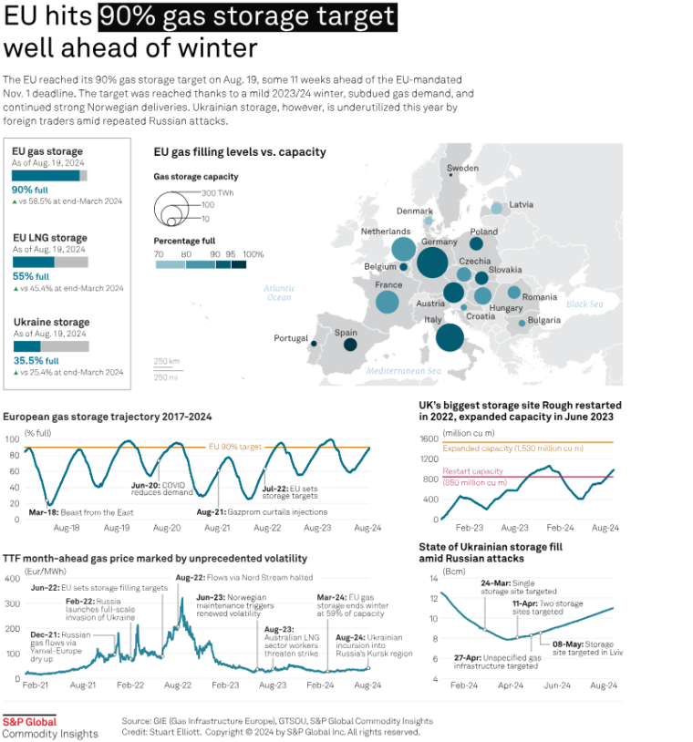 Grafika prezentująca wizualizacje i pełne podsumowanie zatłoczeń do magazynów, ceny przygotowane przez S&P Global.