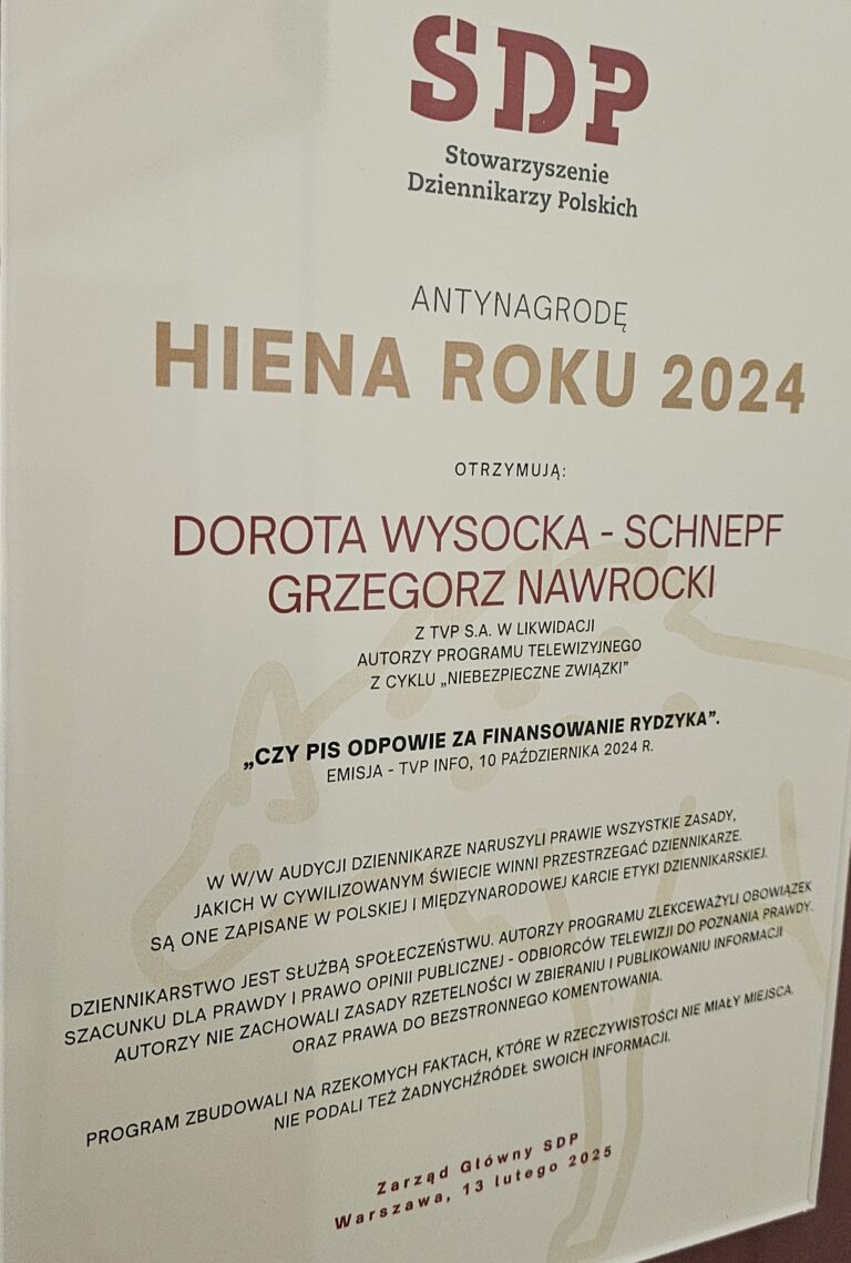 SDP przyznało antynagrodę dziennikarską Hiena Roku 2024 Dorocie Wysockiej-Schnepf i Grzegorzowi Nawrockiemu z TVP w likwidacji