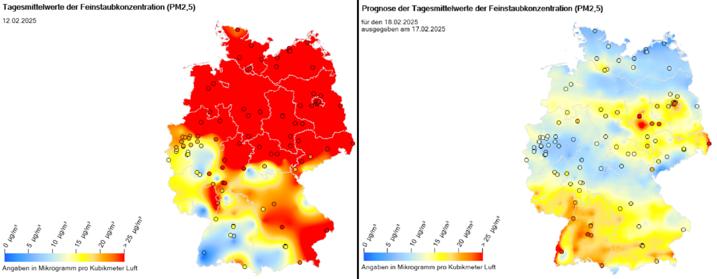 Dobowy poziom dla pyłu zawieszonego PM2,5 w dniach 12.02.2025 i 18.02.2025. Źródło: Federalna Agencja Ochrony Środowiska