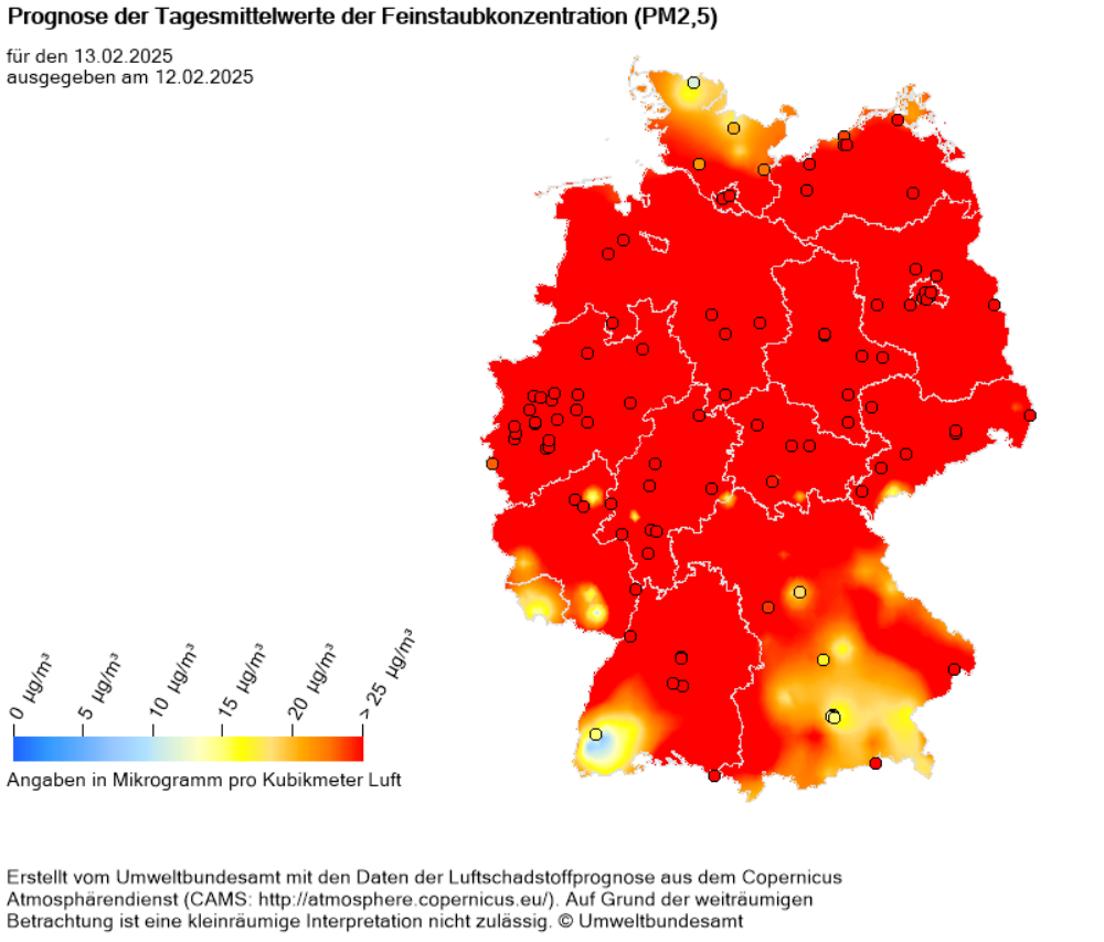 Prognozowana średnia dobowa pyłów w Niemczech na dzień 13 lutego 2025 roku. Źródło: Federalna Agencja Ochrony Środowiska