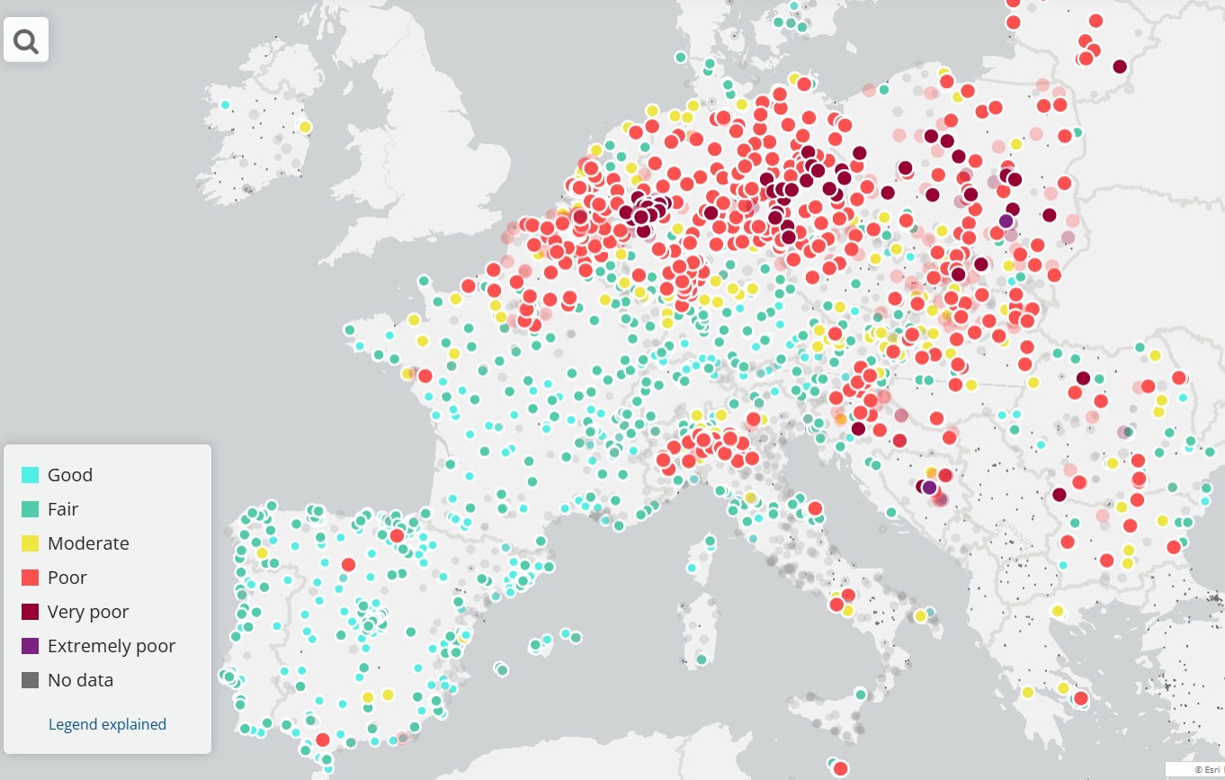 Jakość powietrza w Europie według Europejskiego Indeksu Jakości Powietrza. Stan na 14 lutego 2025 roku. Źródło: Europejska Agencja Środowiska