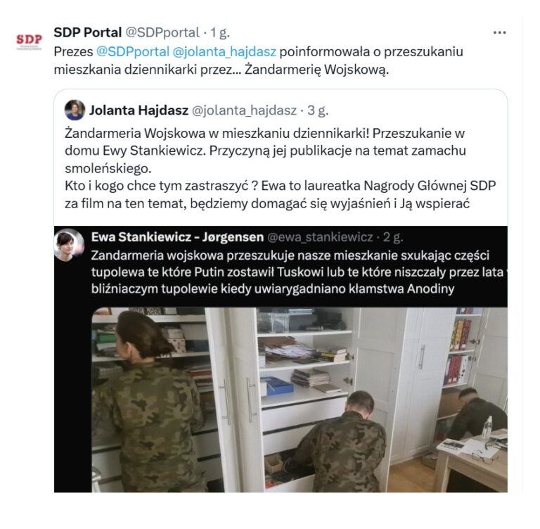 Żandarmeria Wojskowa w domu dziennikarki Ewy Stankiewicz. Kto i kogo chce tym zastraszyć? – pyta prezes SDP
