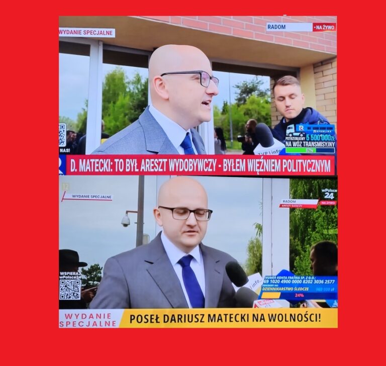 Zwolniony z aresztu poseł PiS Dariusz Matecki podziękował m.in. telewizjom konserwatywnym: TV Republika, wPolsce24 i TV Trwam