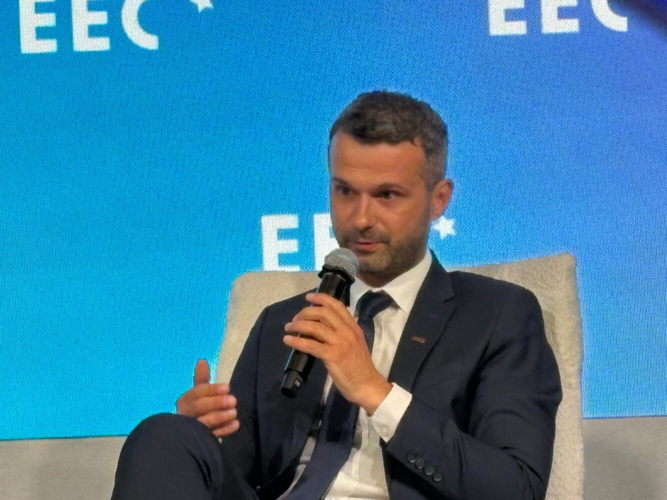 Piotr Krzyżewski, wiceprezes ds. finansowych KGHM, podczas EKG w Katowicach. Fot. Jędrzej Stachura