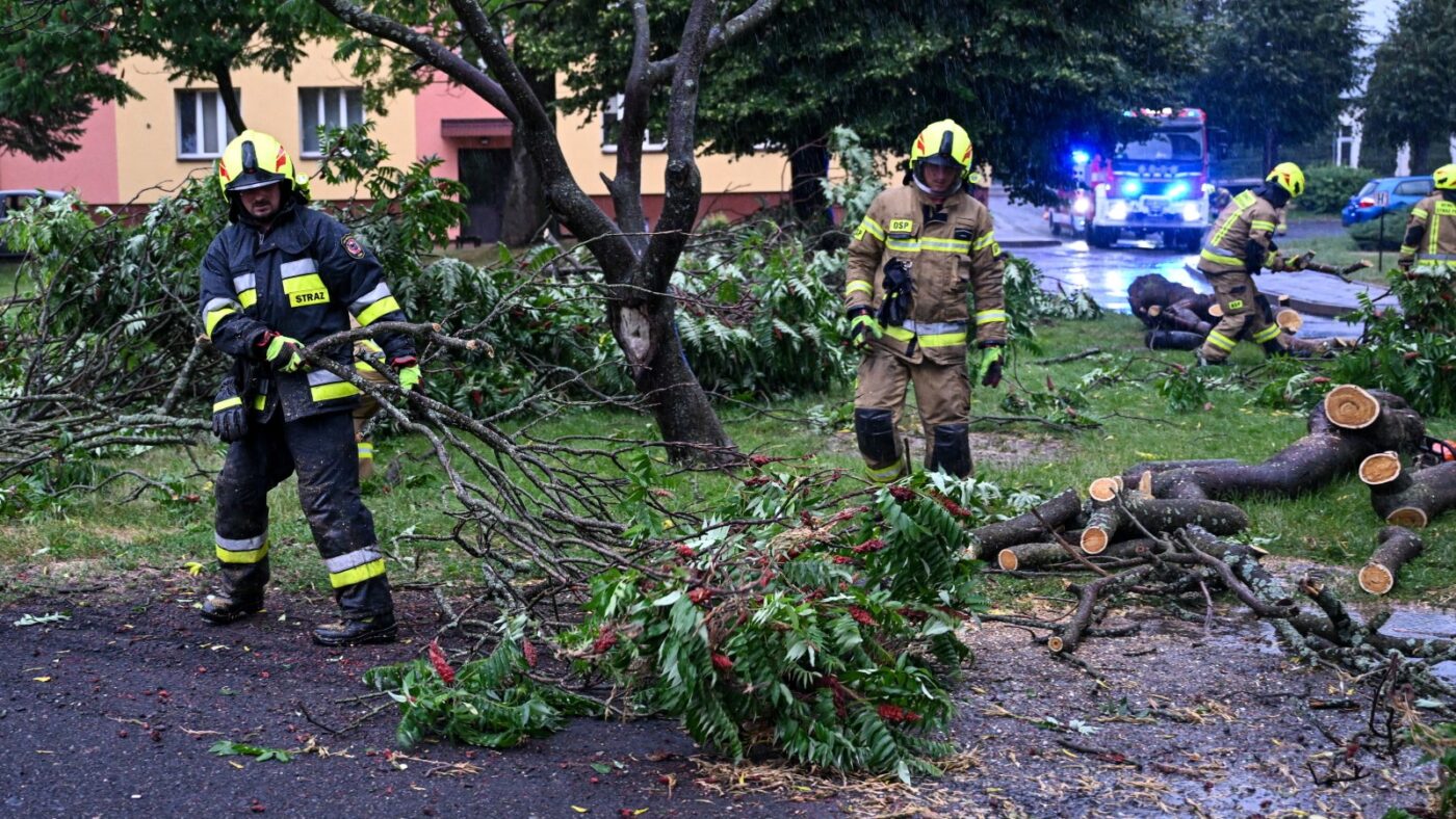 Przemyśl, 07.07.2025. Strażacy usuwają zniszczenia po burzy w Przemyślu, 7 bm. Instytut Meteorologii i Gospodarki Wodnej wydał ostrzeżenia I i II stopnia przed burzami z opadami deszczu i gradu oraz porywami wiatru. Alertami objęta jest zachodnia, południowo-wschodnia i południowa Polska. (jm) PAP/Darek Delmanowicz