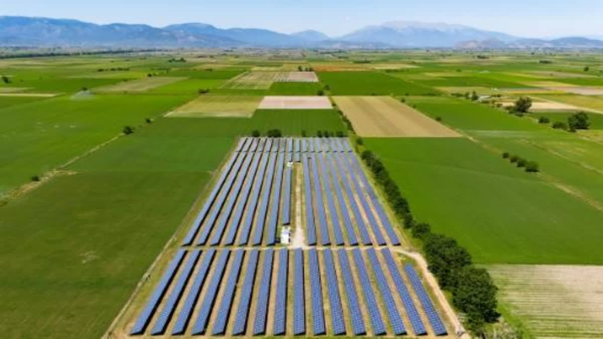 Widok z lotu ptaka, który pokazuje farmę energii słonecznej w pobliżu Kastro Viotias. Źródło: AFP